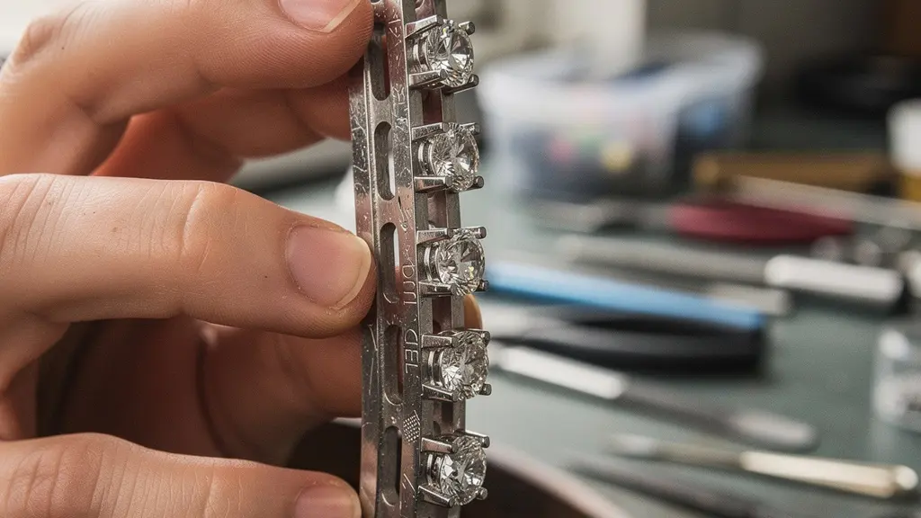 Examen minutieux d'un sertissage rail de diamants calibrés sur une alliance en or blanc